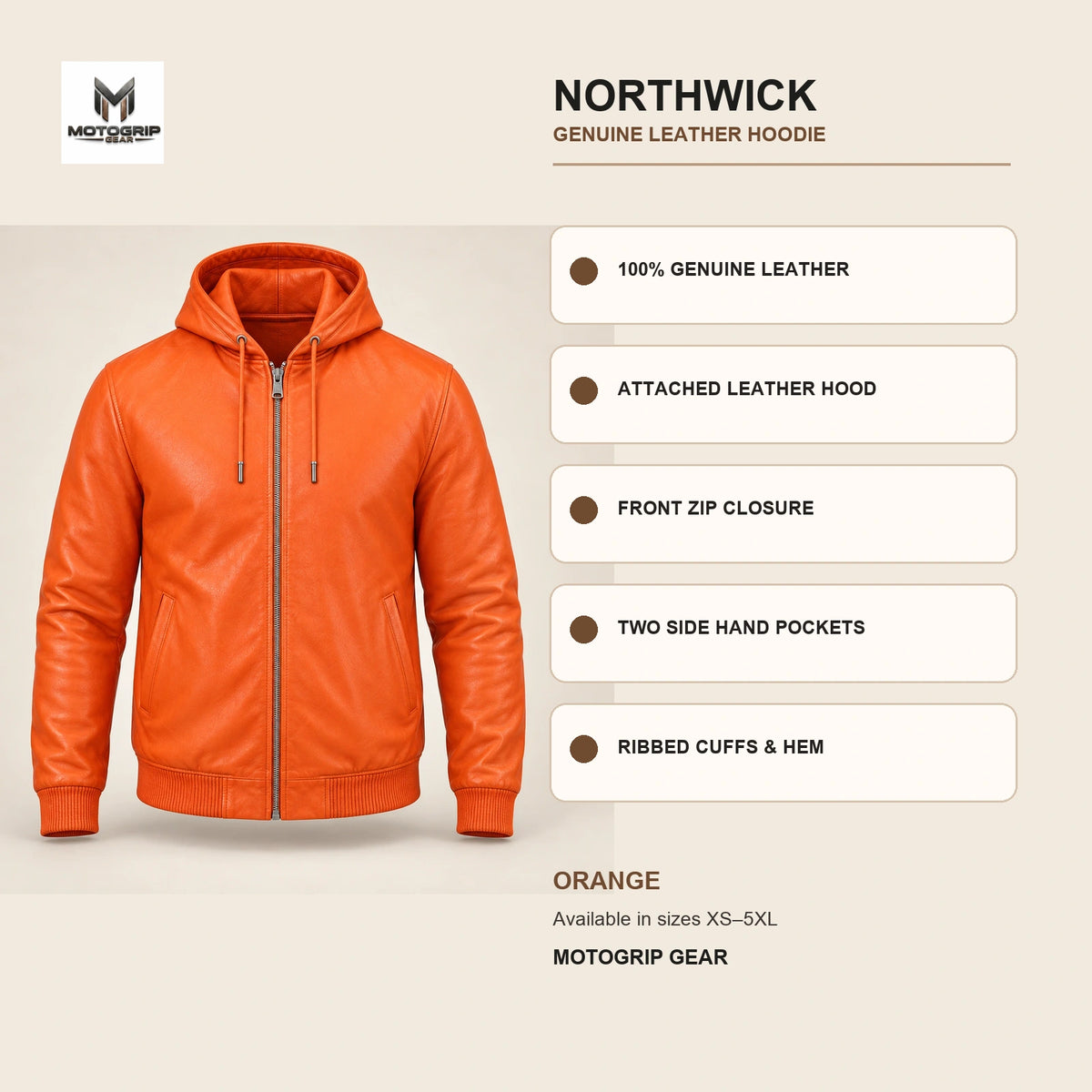 Northwick Orange genuine leather hoodie infographic showing its confirmed construction features.