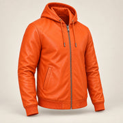 Northwick Orange genuine leather zip hoodie, product-only three-quarter front view.