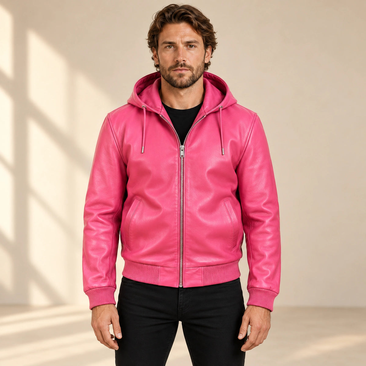 Male model wearing the Northwick Pink genuine leather zip hoodie, front view.
