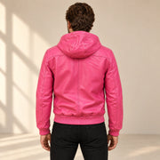 Male model wearing the Northwick Pink genuine leather zip hoodie, back view.
