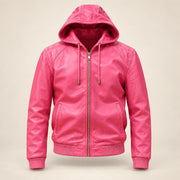 Northwick Pink genuine leather zip hoodie, straight product-only front view.