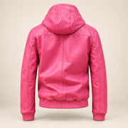 Northwick Pink genuine leather zip hoodie, straight product-only back view.