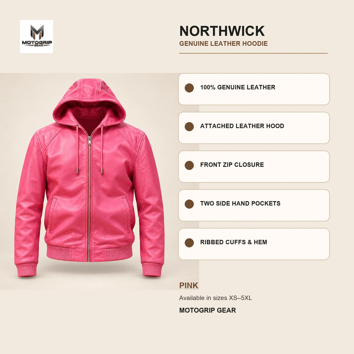 Northwick Pink genuine leather hoodie infographic showing its confirmed construction features.