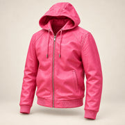Northwick Pink genuine leather zip hoodie, product-only three-quarter front view.