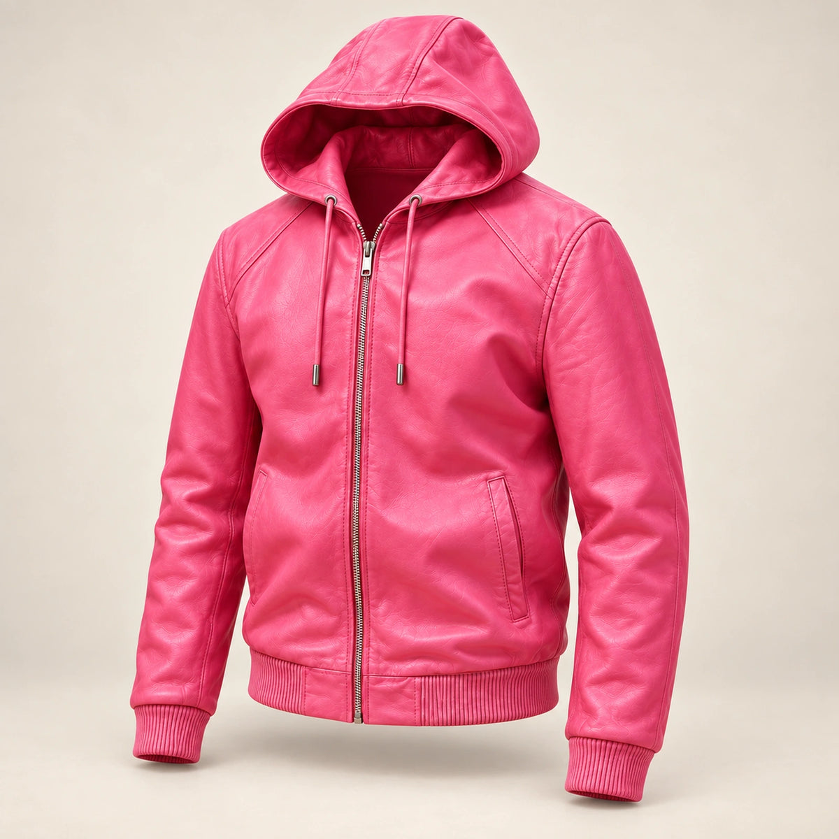 Northwick Pink genuine leather zip hoodie, product-only three-quarter front view.
