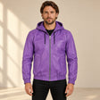 Male model wearing the Northwick Purple genuine leather zip hoodie, front view.