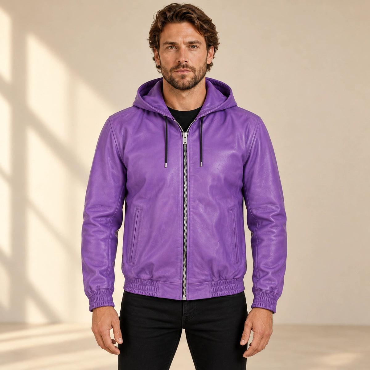Male model wearing the Northwick Purple genuine leather zip hoodie, front view.