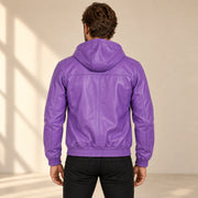 Male model wearing the Northwick Purple genuine leather zip hoodie, back view.