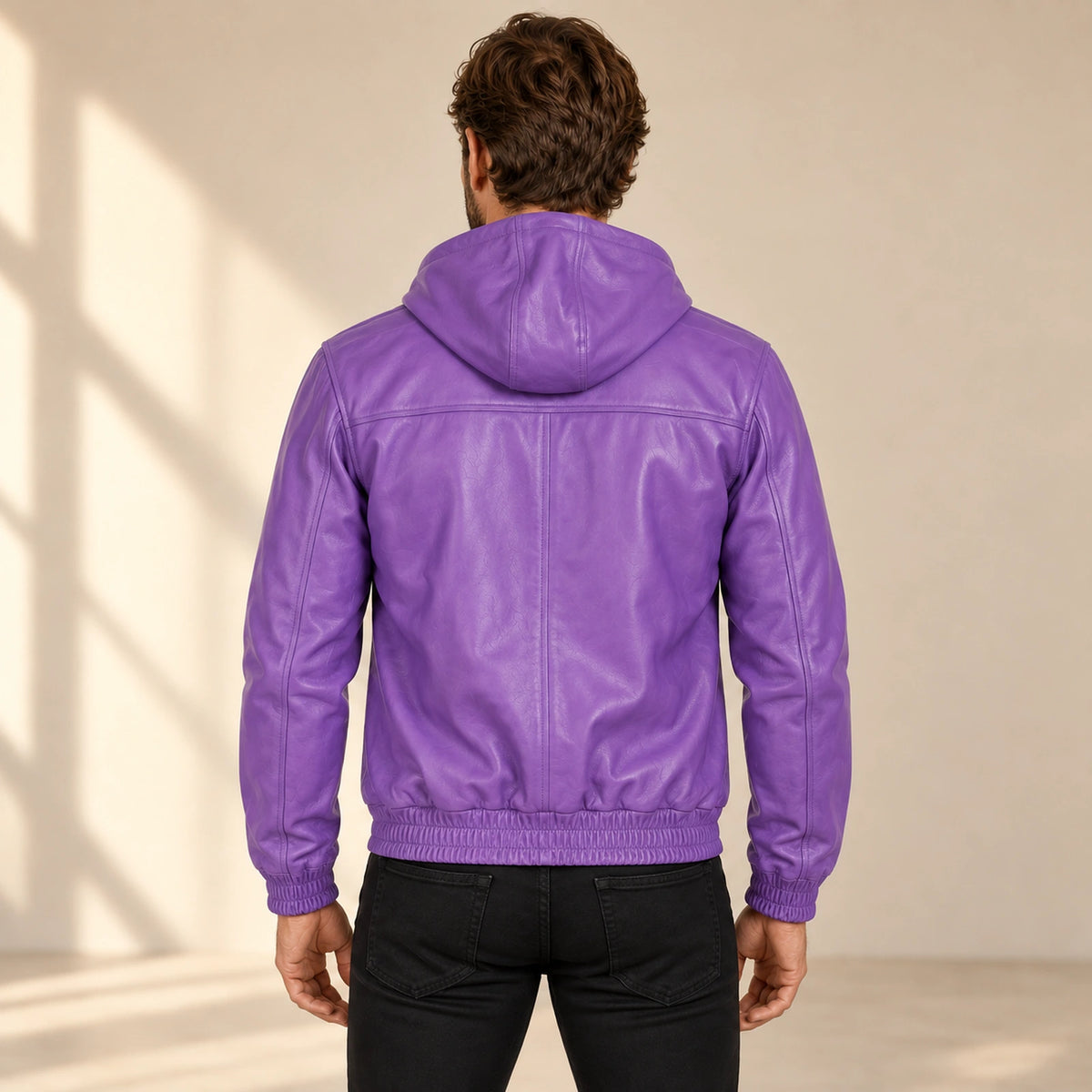 Male model wearing the Northwick Purple genuine leather zip hoodie, back view.