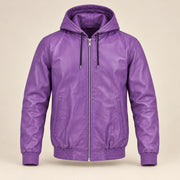 Northwick Purple genuine leather zip hoodie, straight product-only front view.