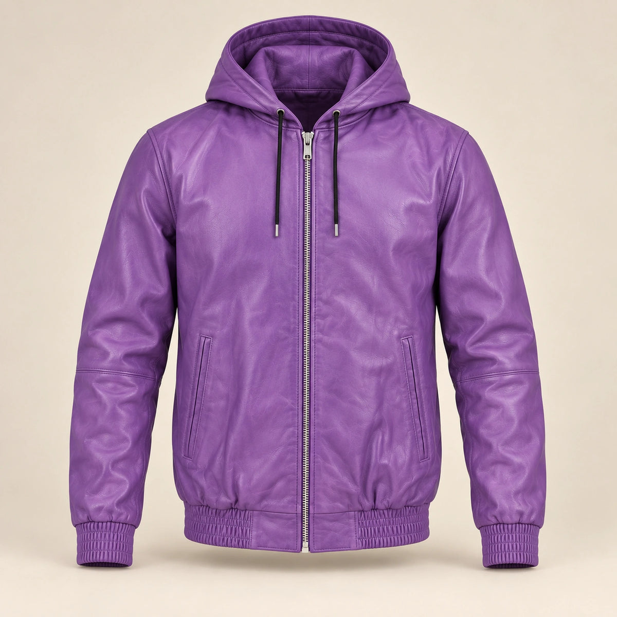Northwick Purple genuine leather zip hoodie, straight product-only front view.