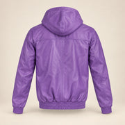 Northwick Purple genuine leather zip hoodie, straight product-only back view.