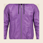 Close-up of the Northwick Purple leather texture, front zipper and side pocket construction.