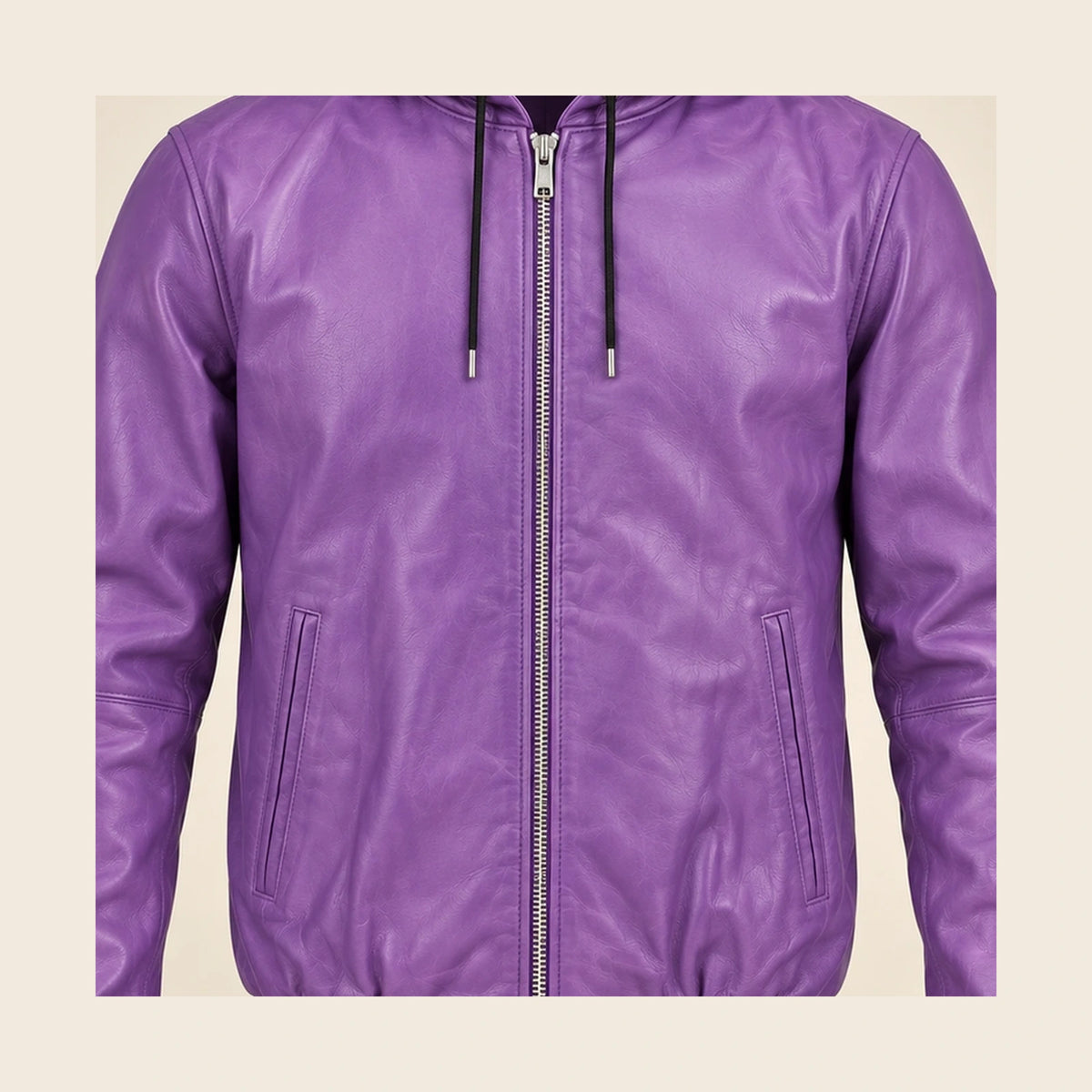 Close-up of the Northwick Purple leather texture, front zipper and side pocket construction.