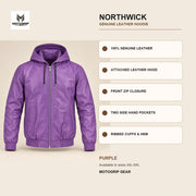 Northwick Purple genuine leather hoodie infographic showing its confirmed construction features.