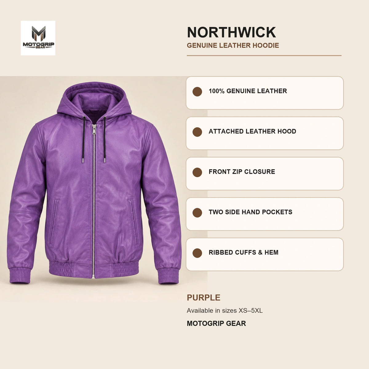 Northwick Purple genuine leather hoodie infographic showing its confirmed construction features.