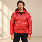 Male model wearing the Northwick Red genuine leather zip hoodie, front view.