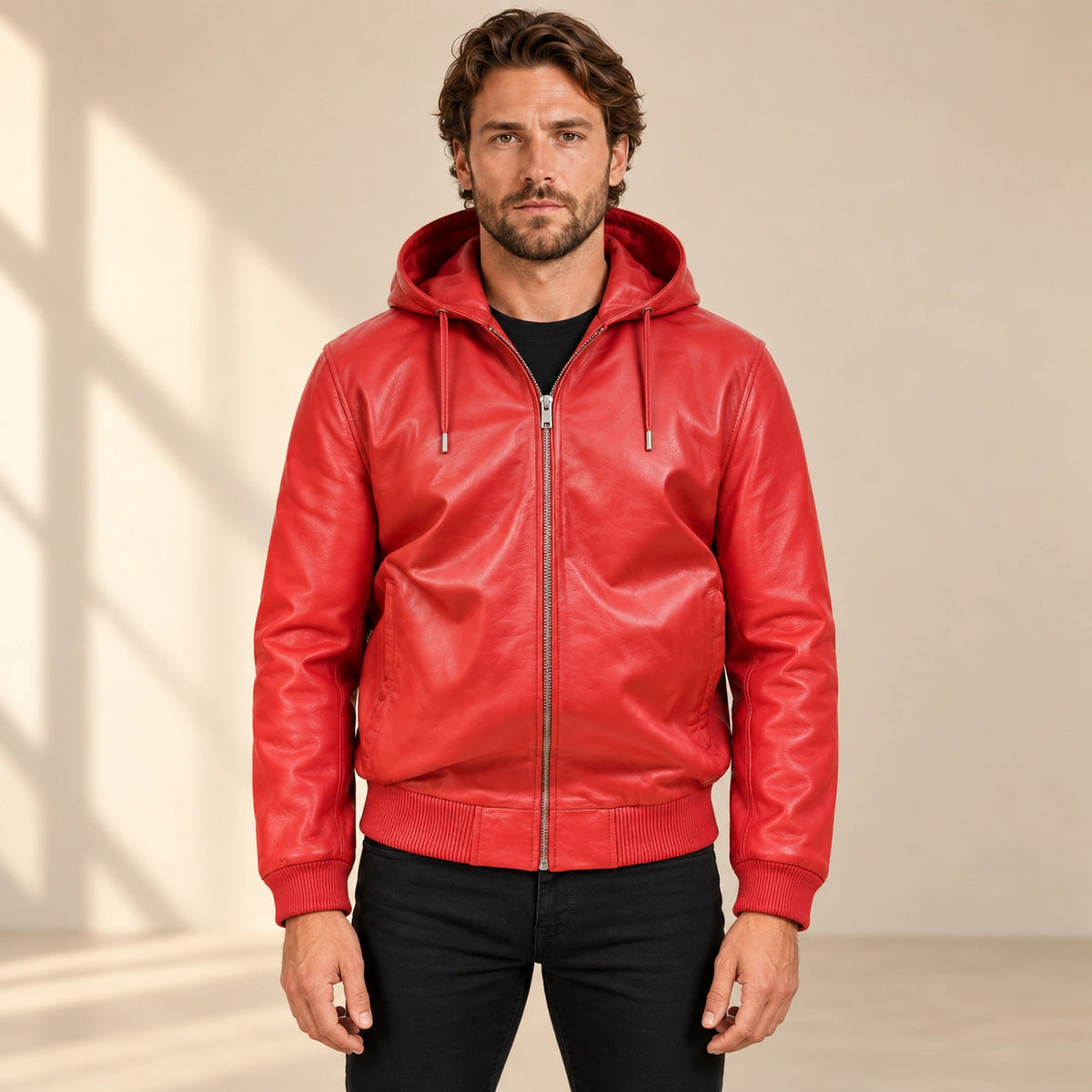 Male model wearing the Northwick Red genuine leather zip hoodie, front view.