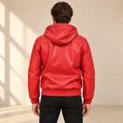 Male model wearing the Northwick Red genuine leather zip hoodie, back view.
