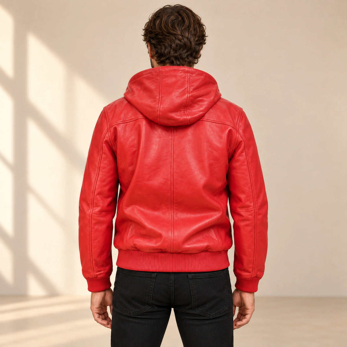 Male model wearing the Northwick Red genuine leather zip hoodie, back view.