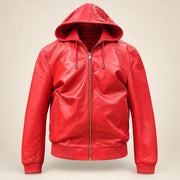 Northwick Red genuine leather zip hoodie, straight product-only front view.