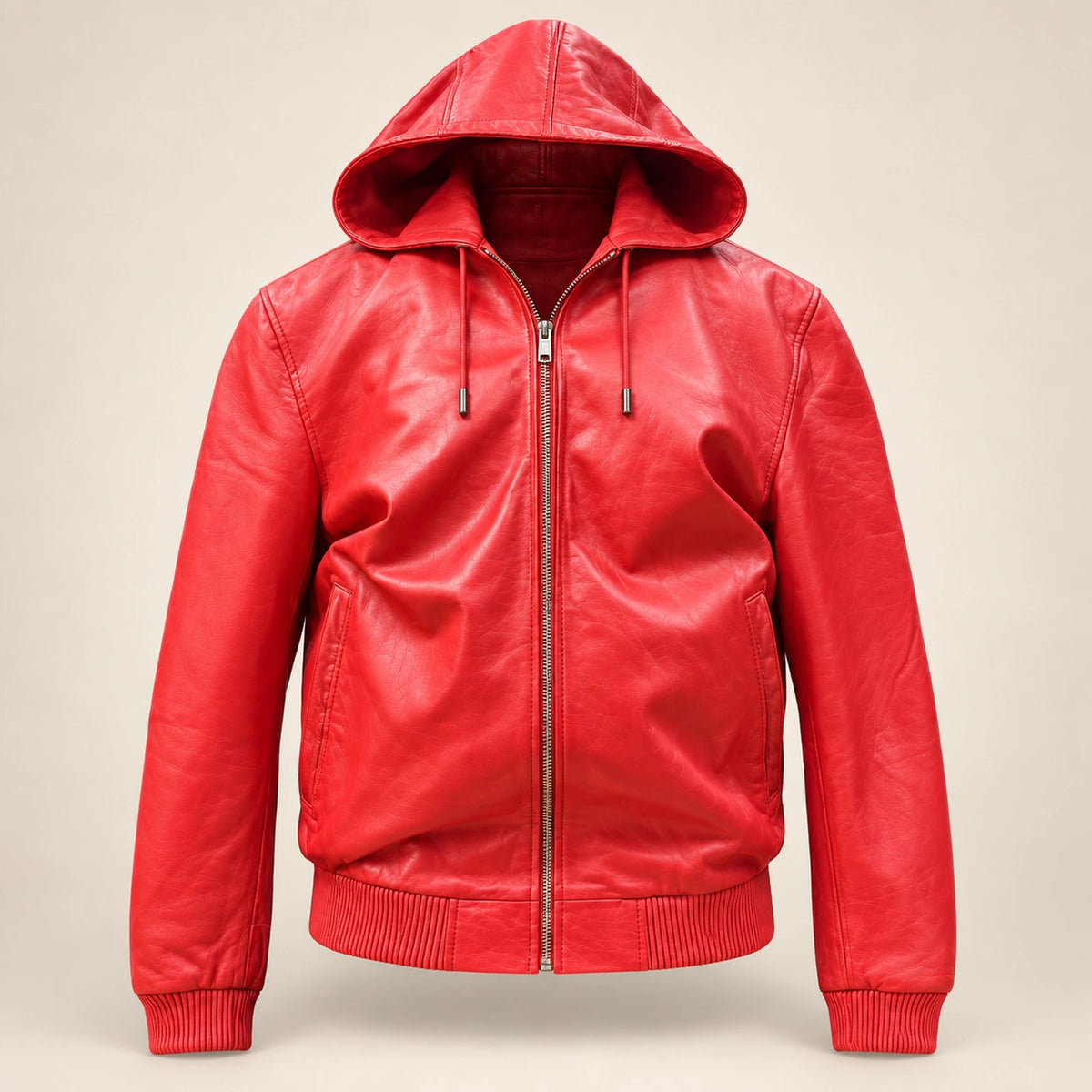 Northwick Red genuine leather zip hoodie, straight product-only front view.