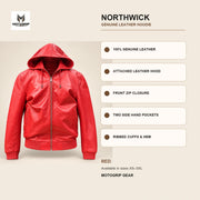 Northwick Red genuine leather hoodie infographic showing its confirmed construction features.