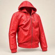 Northwick Red genuine leather zip hoodie, product-only three-quarter front view.