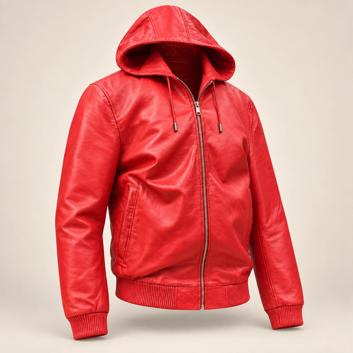 Northwick Red genuine leather zip hoodie, product-only three-quarter front view.