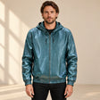 Male model wearing the Northwick Teal genuine leather zip hoodie, front view.