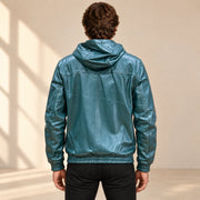 Male model wearing the Northwick Teal genuine leather zip hoodie, back view.