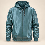 Northwick Teal genuine leather zip hoodie, straight product-only front view.