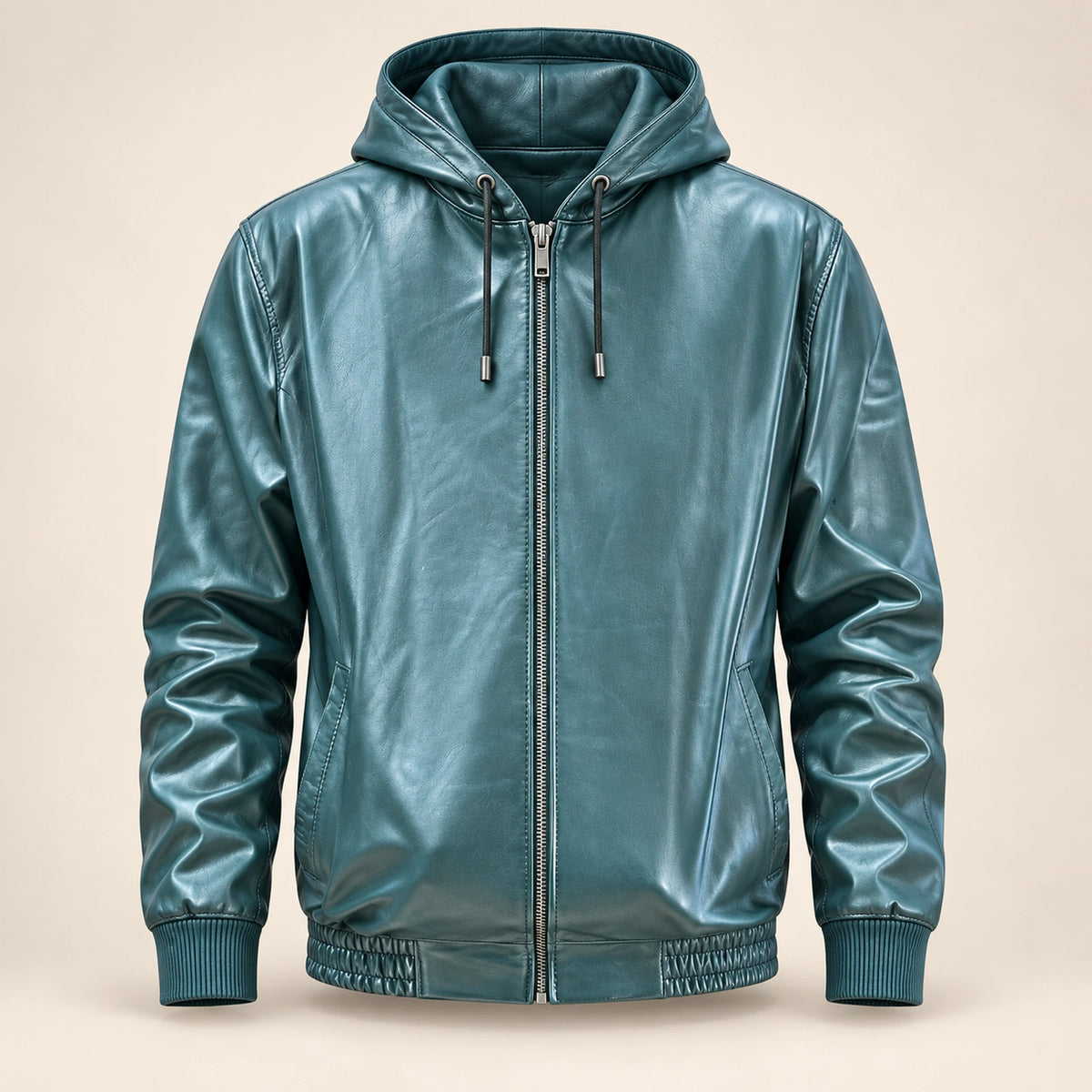 Northwick Teal genuine leather zip hoodie, straight product-only front view.