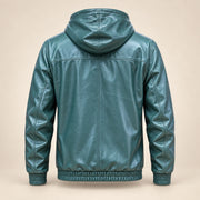 Northwick Teal genuine leather zip hoodie, straight product-only back view.