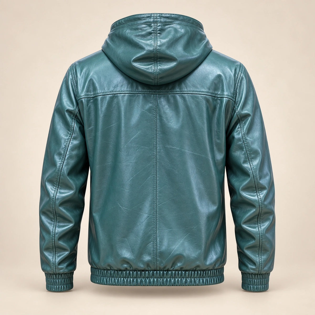 Northwick Teal genuine leather zip hoodie, straight product-only back view.