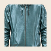 Close-up of the Northwick Teal leather texture, front zipper and side pocket construction.