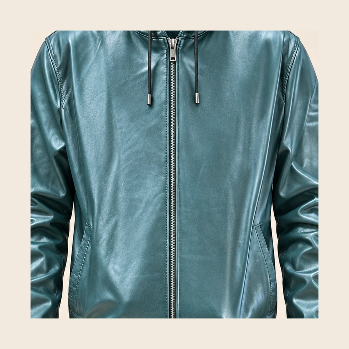 Close-up of the Northwick Teal leather texture, front zipper and side pocket construction.