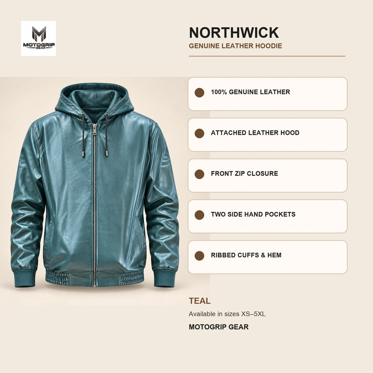 Northwick Teal genuine leather hoodie infographic showing its confirmed construction features.