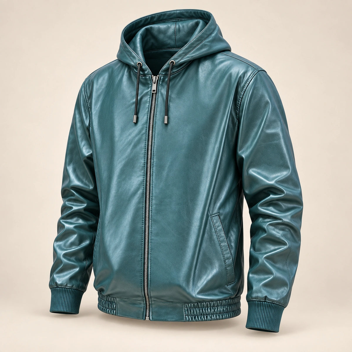 Northwick Teal genuine leather zip hoodie, product-only three-quarter front view.