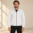 Male model wearing the Northwick White genuine leather zip hoodie, front view.
