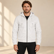Male model wearing the Northwick White genuine leather zip hoodie, front view.