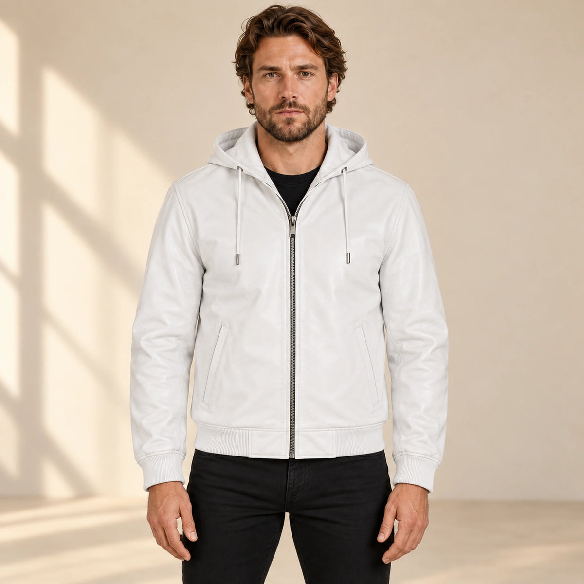 Male model wearing the Northwick White genuine leather zip hoodie, front view.