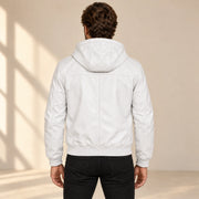 Male model wearing the Northwick White genuine leather zip hoodie, back view.