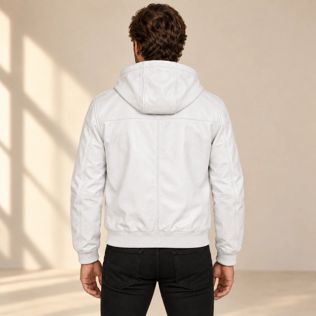 Male model wearing the Northwick White genuine leather zip hoodie, back view.