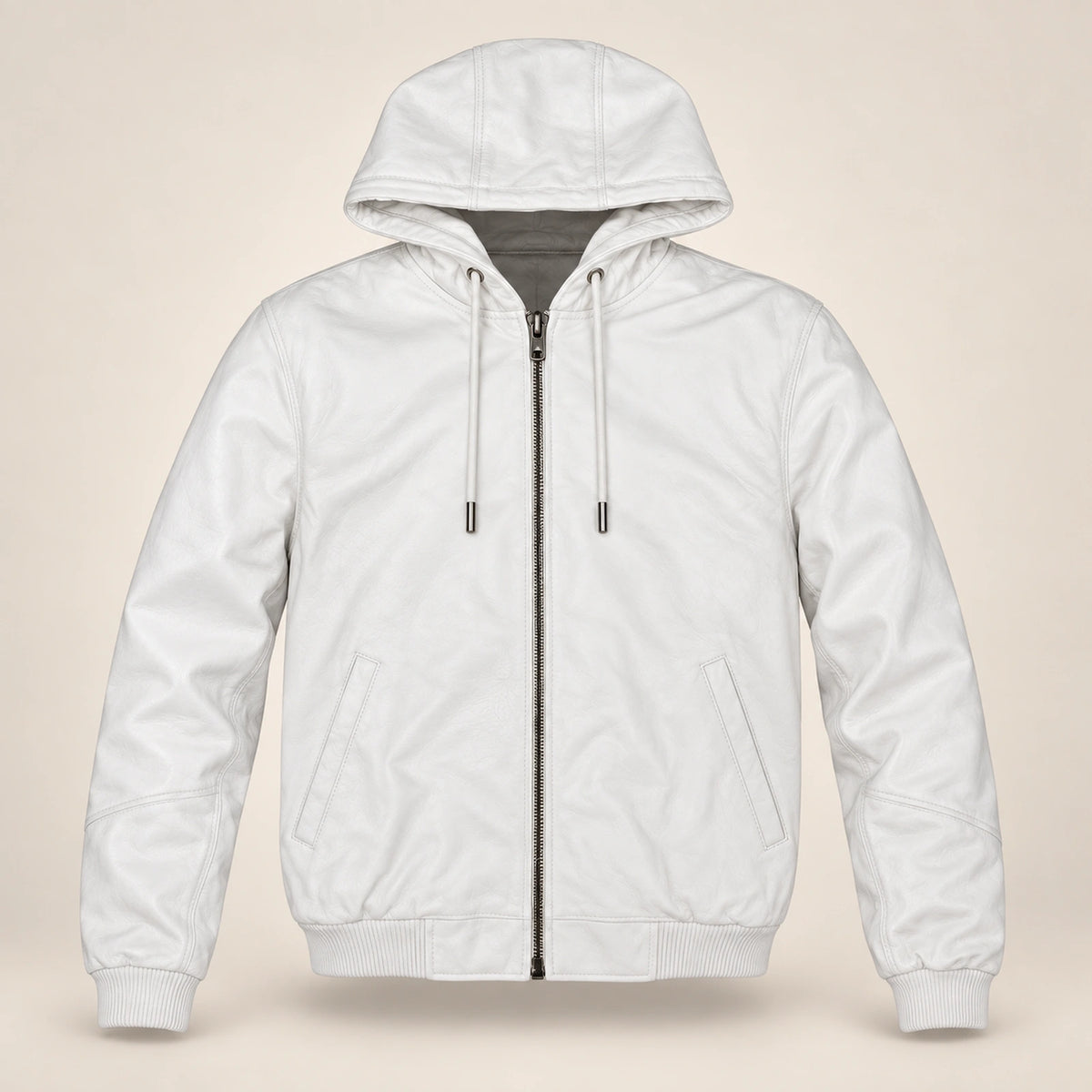 Northwick White genuine leather zip hoodie, straight product-only front view.