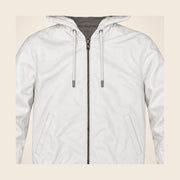 Close-up of the Northwick White leather texture, front zipper and side pocket construction.