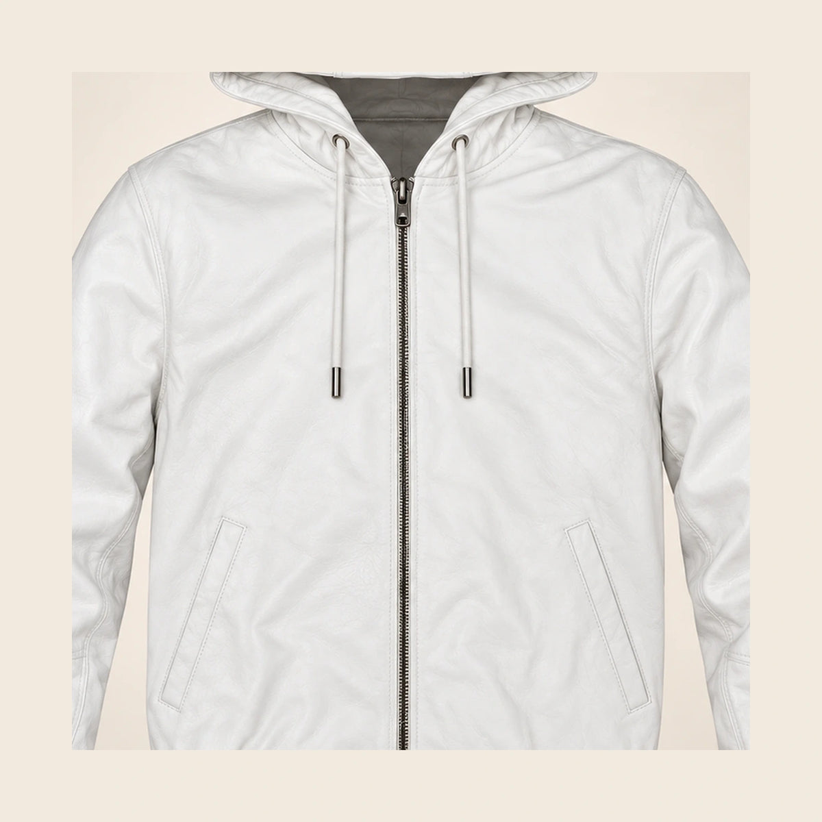 Close-up of the Northwick White leather texture, front zipper and side pocket construction.