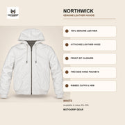 Northwick White genuine leather hoodie infographic showing its confirmed construction features.
