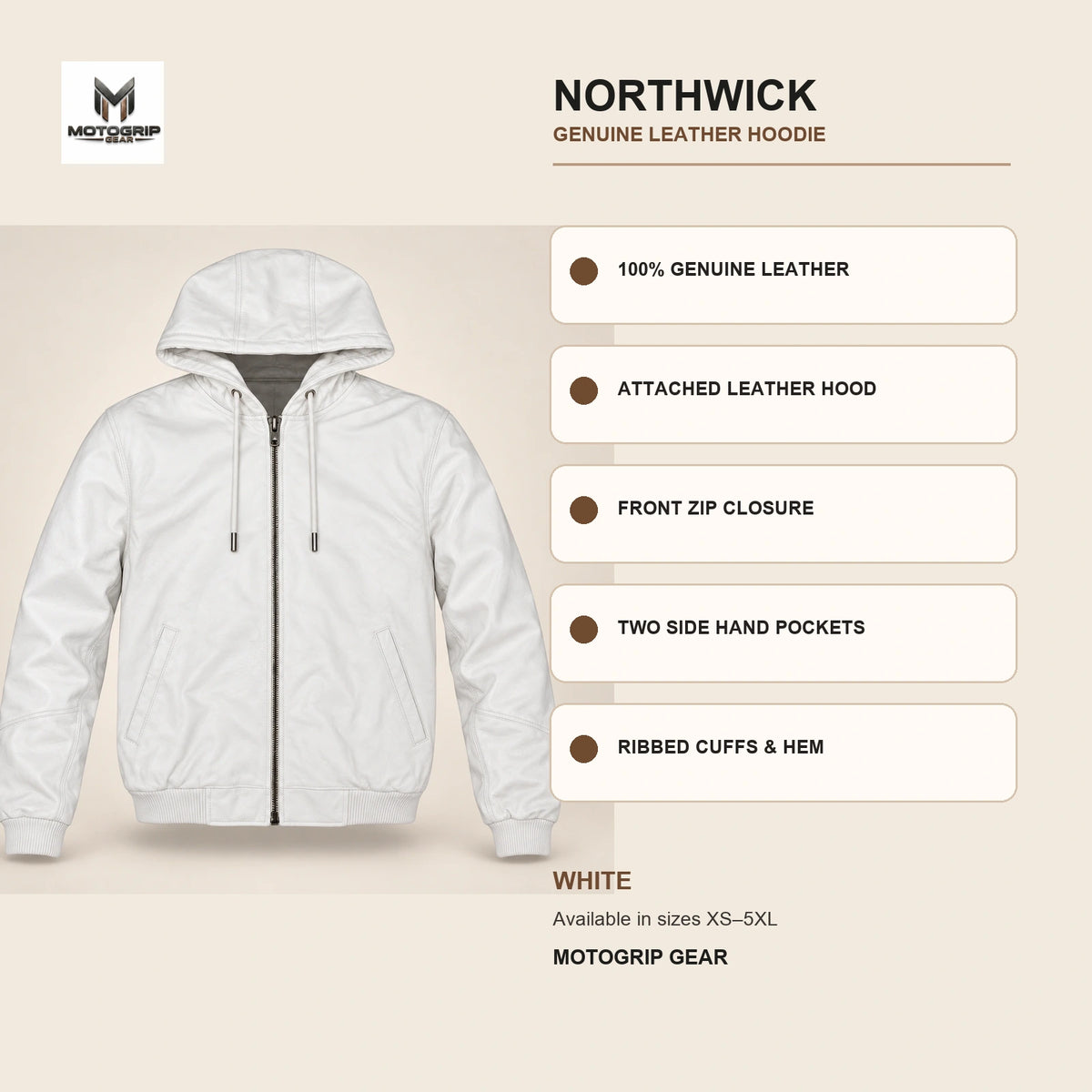 Northwick White genuine leather hoodie infographic showing its confirmed construction features.