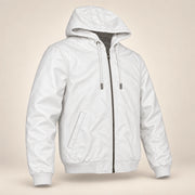 Northwick White genuine leather zip hoodie, product-only three-quarter front view.